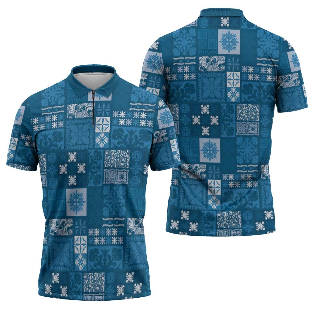 Vintage Hawaiian Quilting Patterns Zipper Polo Shirt Blue Style Tribal Fabric Patchwork - Polynesian Pride