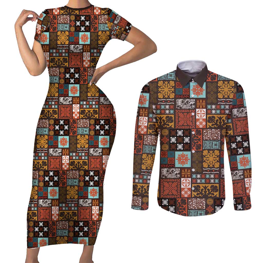 Vintage Hawaiian Quilting Patterns Couples Matching Short Sleeve Bodycon Dress and Long Sleeve Button Shirt Brown Style Tribal Fabric Patchwork - Polynesian Pride