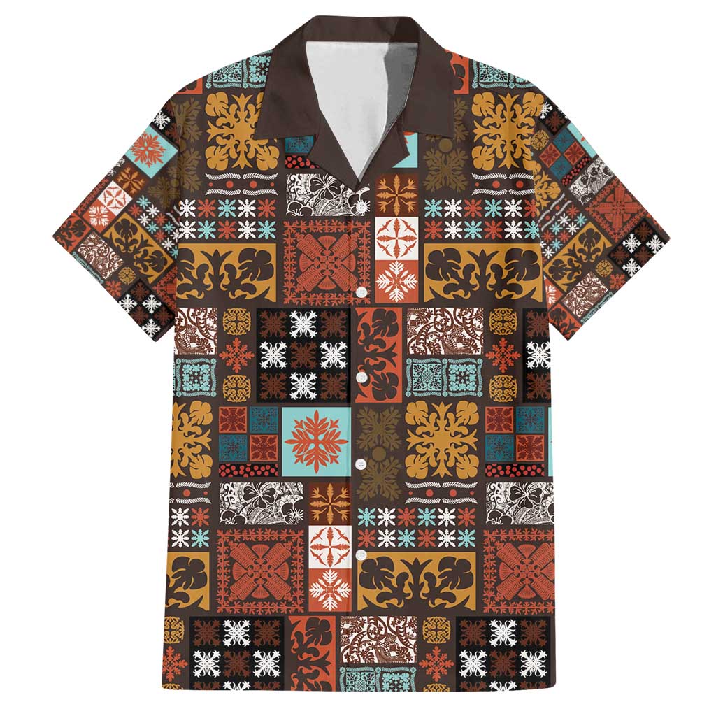 Vintage Hawaiian Quilting Patterns Family Matching Long Sleeve Bodycon Dress and Hawaiian Shirt Brown Style Tribal Fabric Patchwork - Polynesian Pride