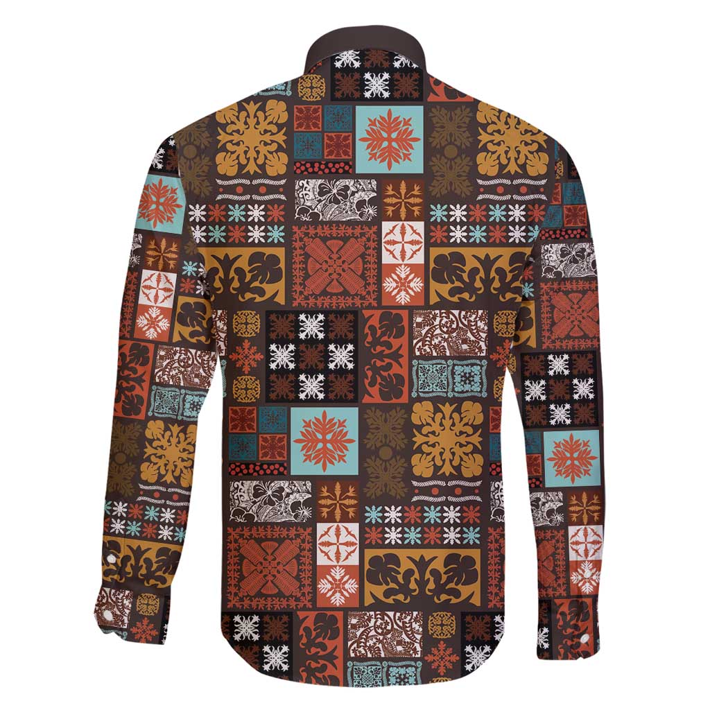 Vintage Hawaiian Quilting Patterns Family Matching Long Sleeve Bodycon Dress and Hawaiian Shirt Brown Style Tribal Fabric Patchwork - Polynesian Pride