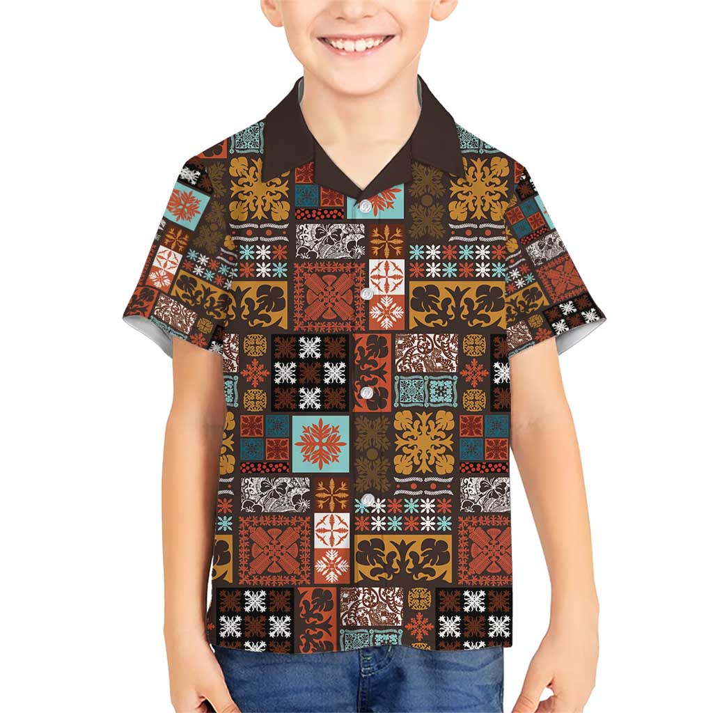 Vintage Hawaiian Quilting Patterns Family Matching Short Sleeve Bodycon Dress and Hawaiian Shirt Brown Style Tribal Fabric Patchwork - Polynesian Pride