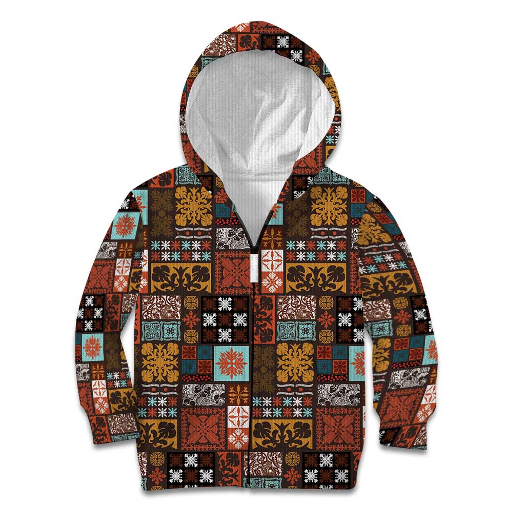 Vintage Hawaiian Quilting Patterns Kid Hoodie Brown Style Tribal Fabric Patchwork - Polynesian Pride