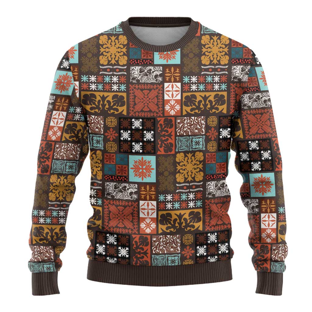 Vintage Hawaiian Quilting Patterns Ugly Christmas Sweater Brown Style Tribal Fabric Patchwork - Polynesian Pride