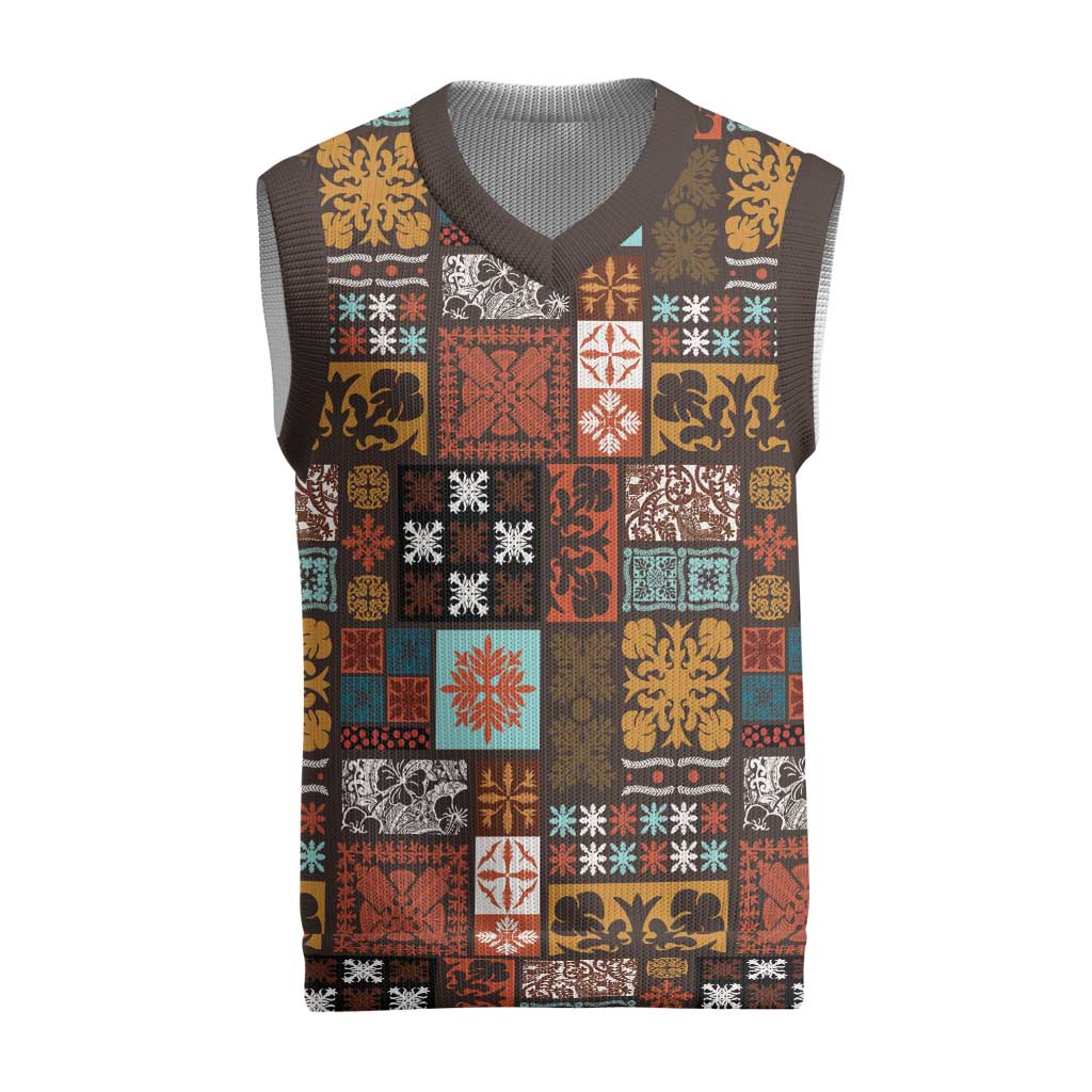 Vintage Hawaiian Quilting Patterns Christmas Knitted V-Neck Vest Brown Style Tribal Fabric Patchwork - Polynesian Pride