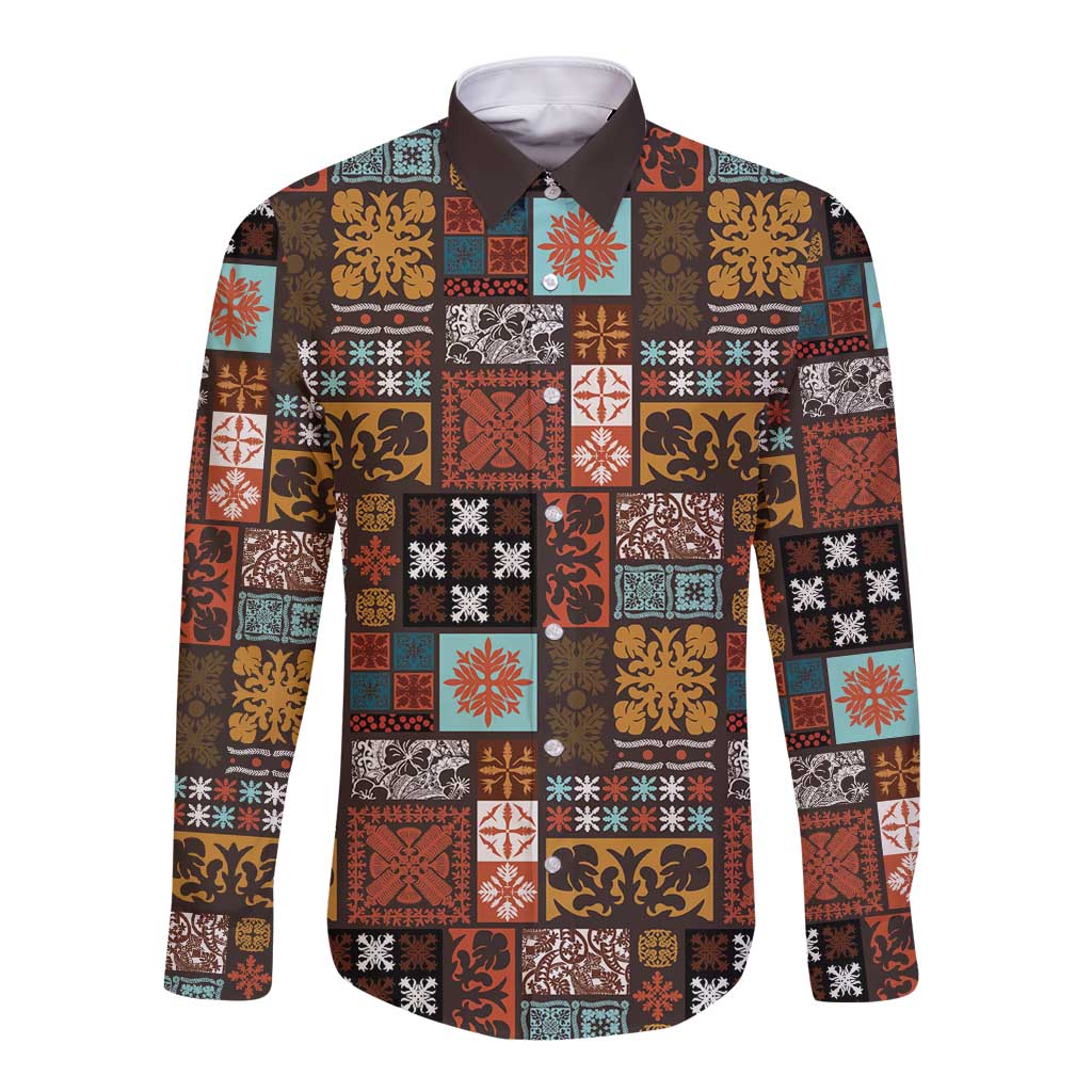 Vintage Hawaiian Quilting Patterns Long Sleeve Button Shirt Brown Style Tribal Fabric Patchwork - Polynesian Pride