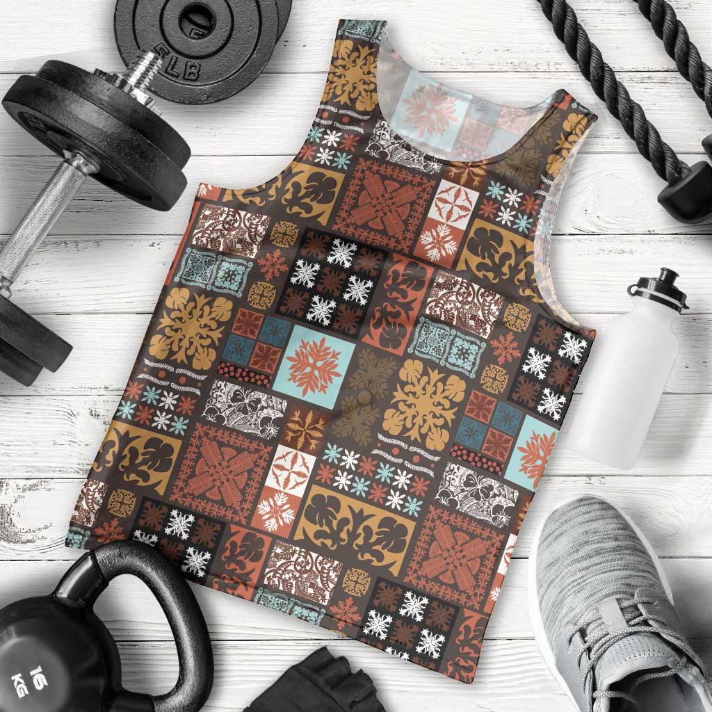 Vintage Hawaiian Quilting Patterns Men Tank Top Brown Style Tribal Fabric Patchwork - Polynesian Pride