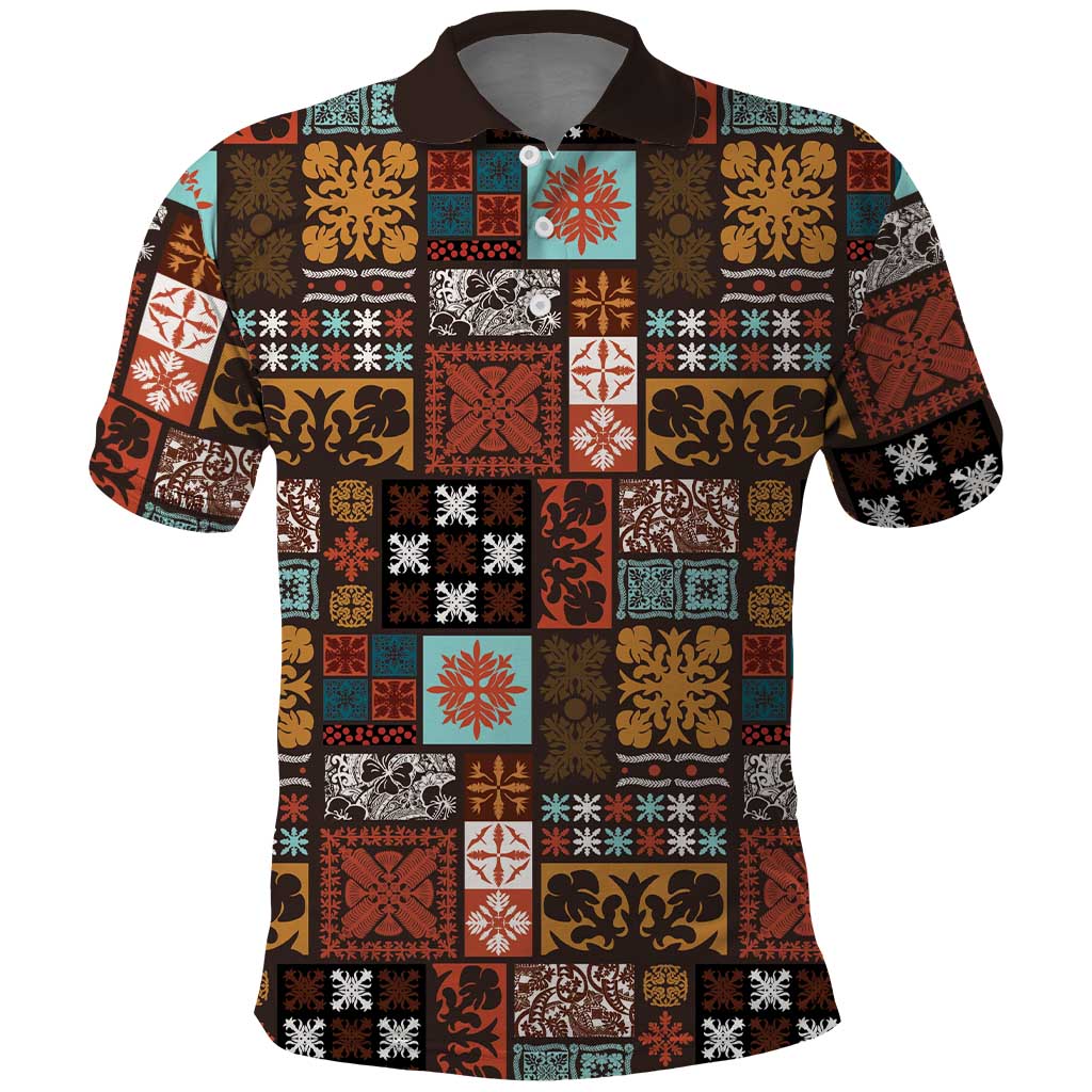 Vintage Hawaiian Quilting Patterns Polo Shirt Brown Style Tribal Fabric Patchwork - Polynesian Pride