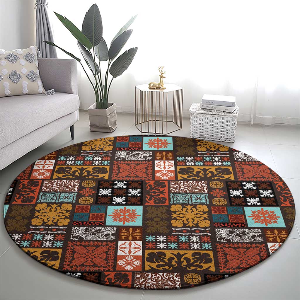 Vintage Hawaiian Quilting Patterns Round Carpet Brown Style Tribal Fabric Patchwork - Polynesian Pride
