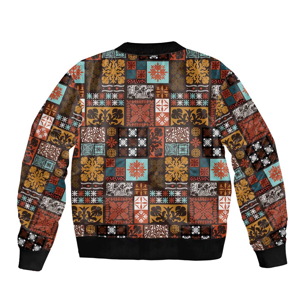 Vintage Hawaiian Quilting Patterns Sleeve Zip Bomber Jacket Brown Style Tribal Fabric Patchwork - Polynesian Pride
