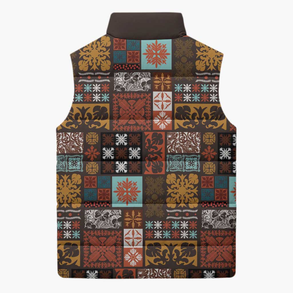 Vintage Hawaiian Quilting Patterns Sleeveless Puffer Jacket Brown Style Tribal Fabric Patchwork - Polynesian Pride