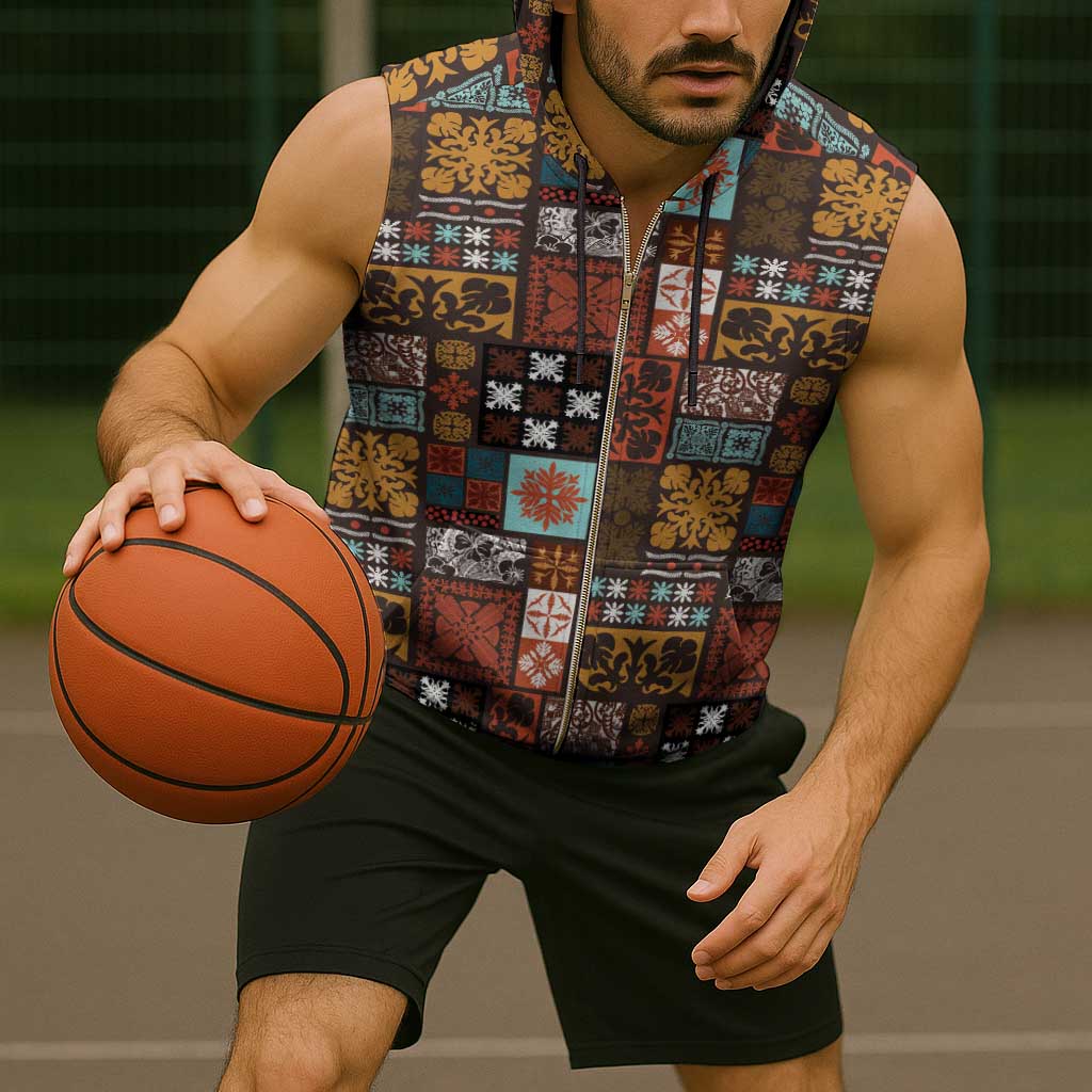 Vintage Hawaiian Quilting Patterns Sleeveless Zip Hoodie Brown Style Tribal Fabric Patchwork - Polynesian Pride
