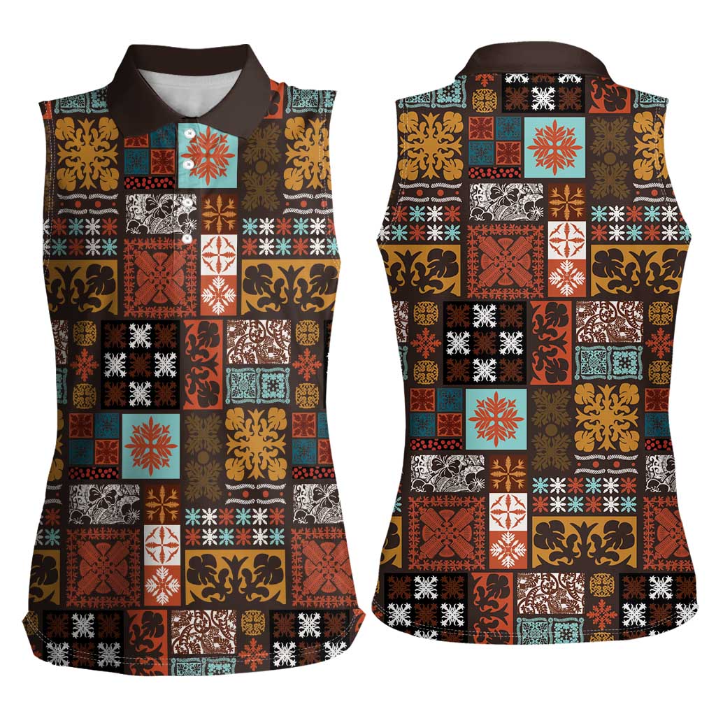 Vintage Hawaiian Quilting Patterns Women Sleeveless Polo Shirt Brown Style Tribal Fabric Patchwork - Polynesian Pride
