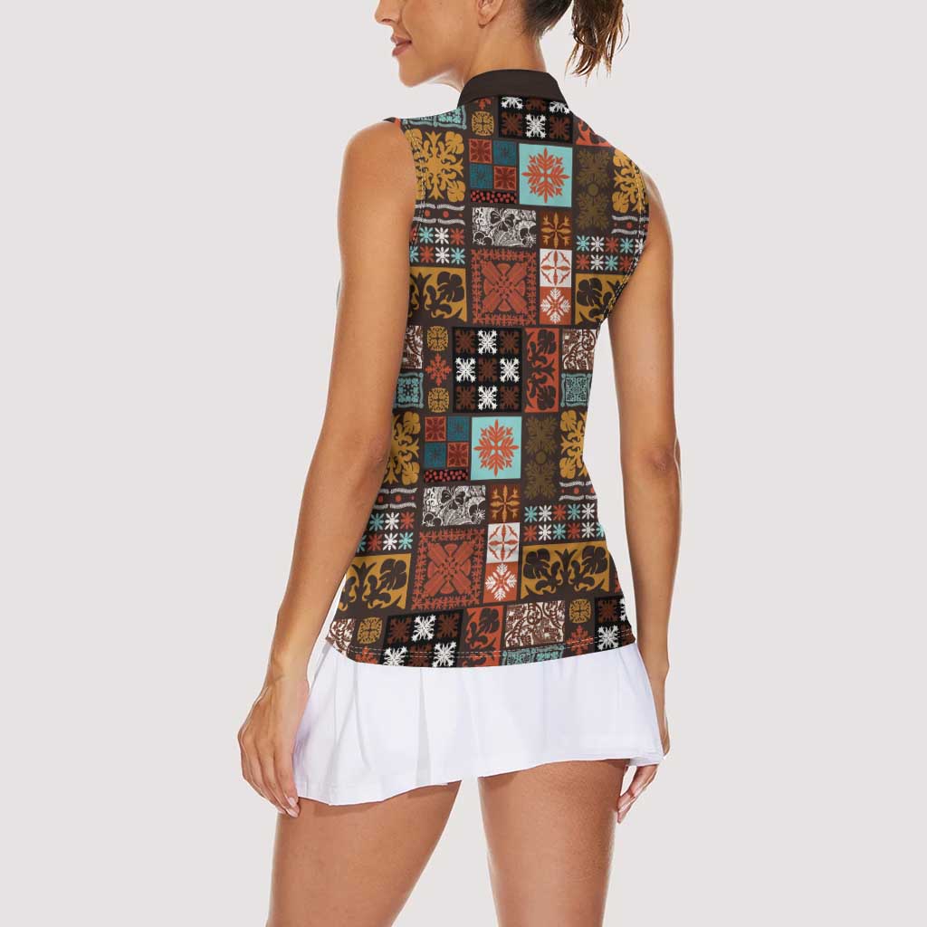 Vintage Hawaiian Quilting Patterns Women Sleeveless Polo Shirt Brown Style Tribal Fabric Patchwork - Polynesian Pride