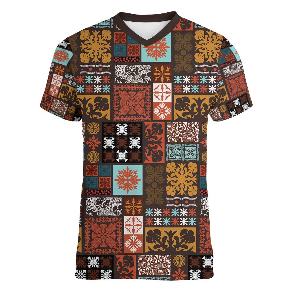 Vintage Hawaiian Quilting Patterns Women V-Neck T-Shirt Brown Style Tribal Fabric Patchwork - Polynesian Pride