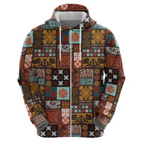 Vintage Hawaiian Quilting Patterns Zip Hoodie Brown Style Tribal Fabric Patchwork - Polynesian Pride