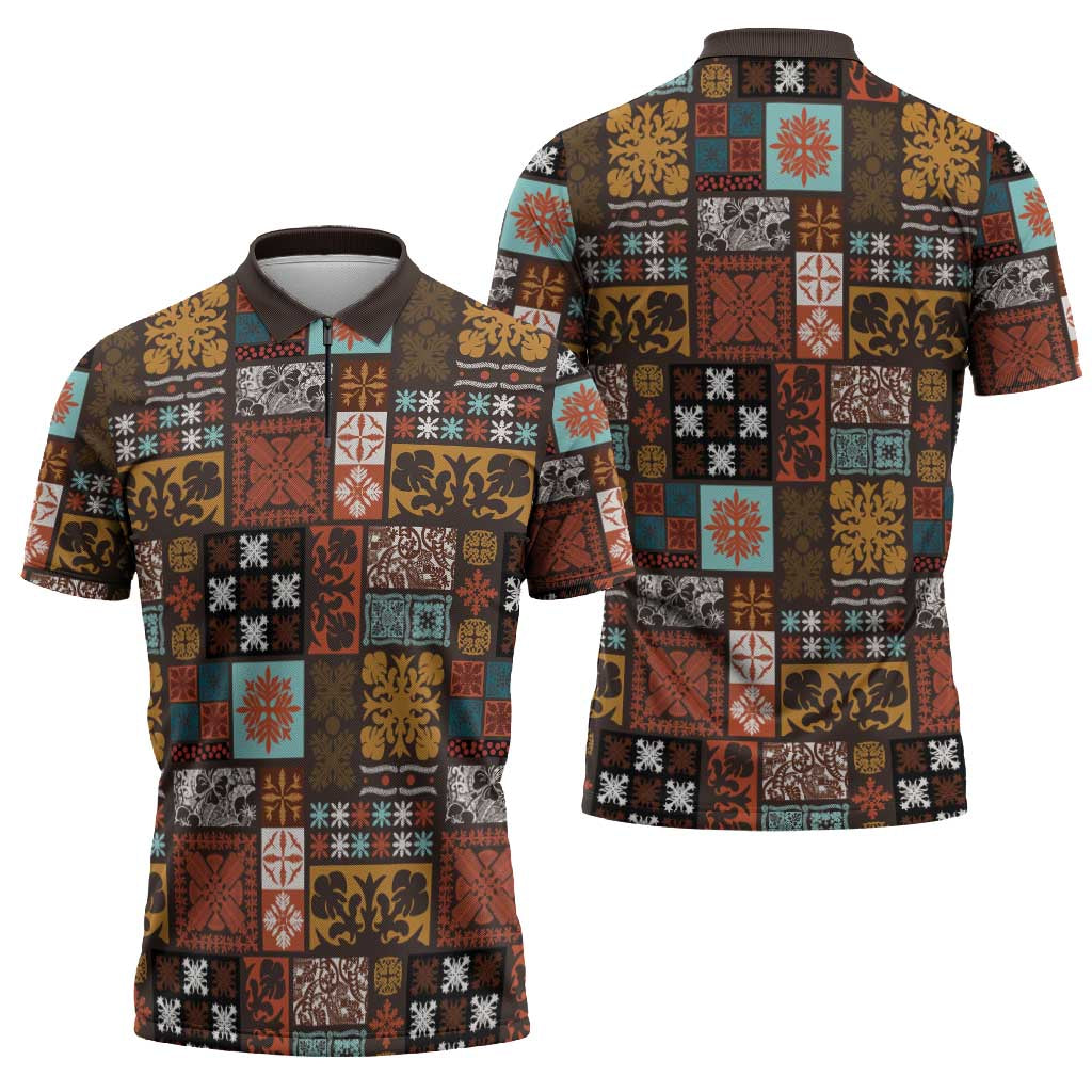 Vintage Hawaiian Quilting Patterns Zipper Polo Shirt Brown Style Tribal Fabric Patchwork - Polynesian Pride