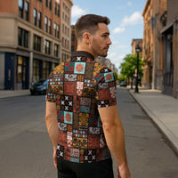 Vintage Hawaiian Quilting Patterns Zipper Polo Shirt Brown Style Tribal Fabric Patchwork - Polynesian Pride