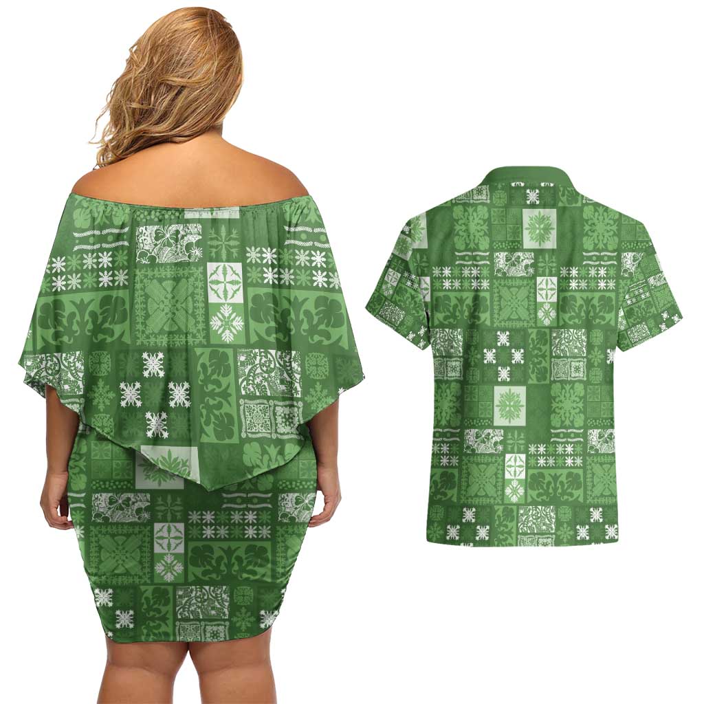 Vintage Hawaiian Quilting Patterns Couples Matching Off Shoulder Short Dress and Hawaiian Shirt Green Style Tribal Fabric Patchwork - Polynesian Pride