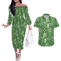 Vintage Hawaiian Quilting Patterns Couples Matching Off The Shoulder Long Sleeve Dress and Hawaiian Shirt Green Style Tribal Fabric Patchwork - Polynesian Pride