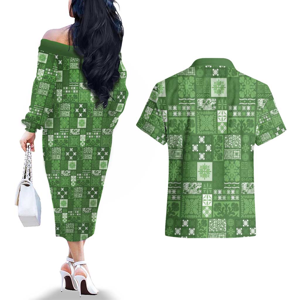 Vintage Hawaiian Quilting Patterns Couples Matching Off The Shoulder Long Sleeve Dress and Hawaiian Shirt Green Style Tribal Fabric Patchwork - Polynesian Pride