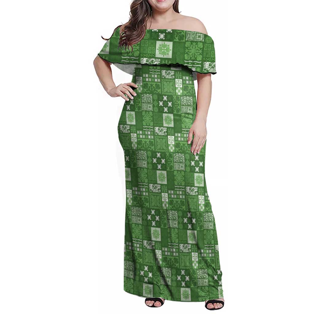 Vintage Hawaiian Quilting Patterns Family Matching Off Shoulder Maxi Dress and Hawaiian Shirt Green Style Tribal Fabric Patchwork - Polynesian Pride