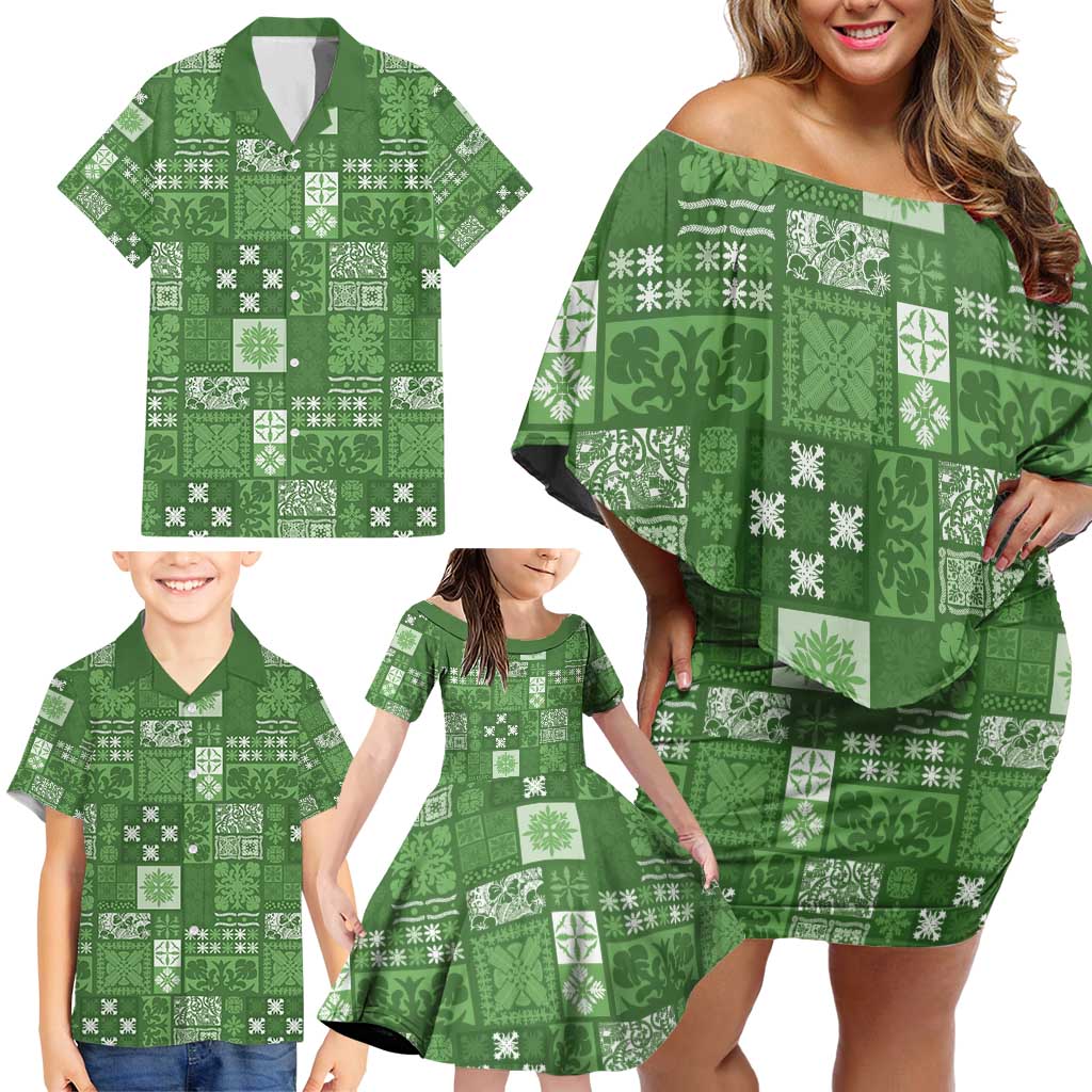 Vintage Hawaiian Quilting Patterns Family Matching Off Shoulder Short Dress and Hawaiian Shirt Green Style Tribal Fabric Patchwork - Polynesian Pride