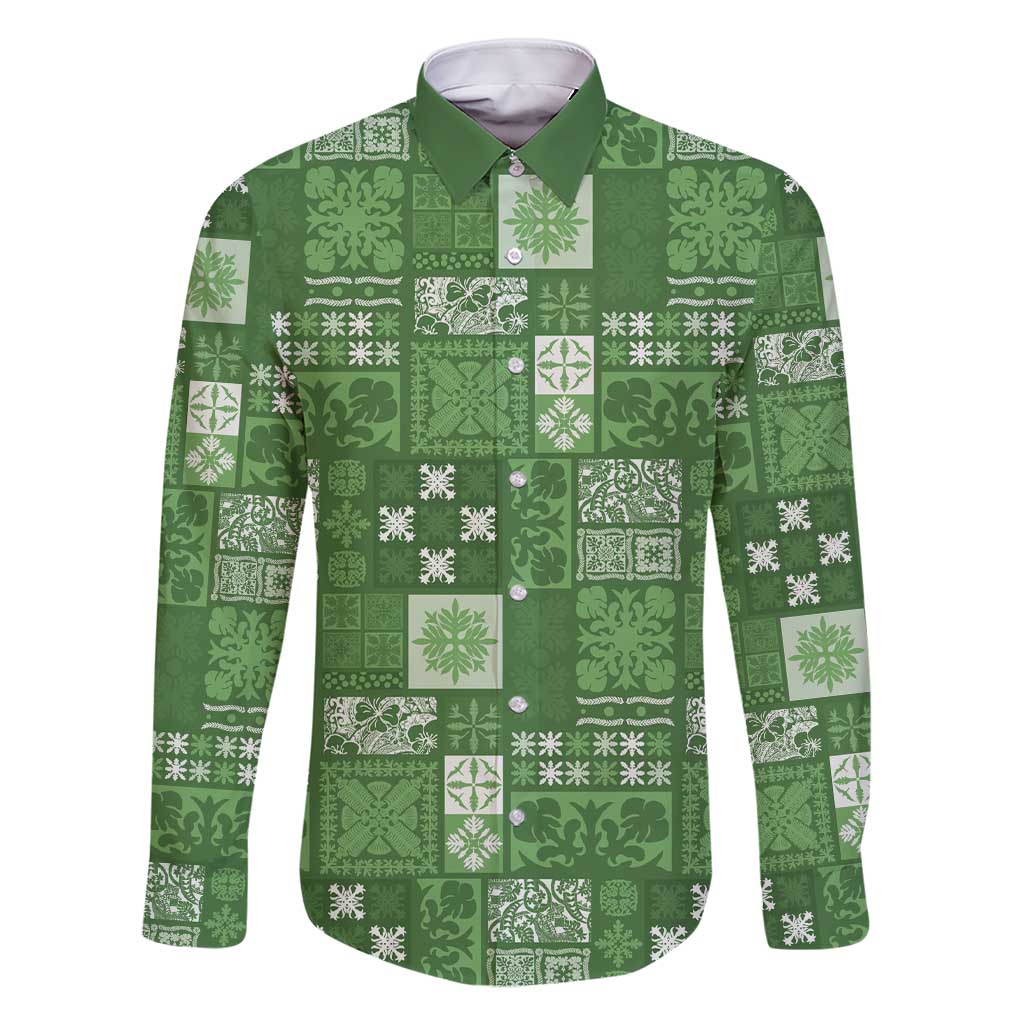 Vintage Hawaiian Quilting Patterns Family Matching Short Sleeve Bodycon Dress and Hawaiian Shirt Green Style Tribal Fabric Patchwork - Polynesian Pride