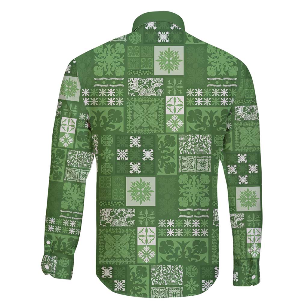Vintage Hawaiian Quilting Patterns Family Matching Short Sleeve Bodycon Dress and Hawaiian Shirt Green Style Tribal Fabric Patchwork - Polynesian Pride