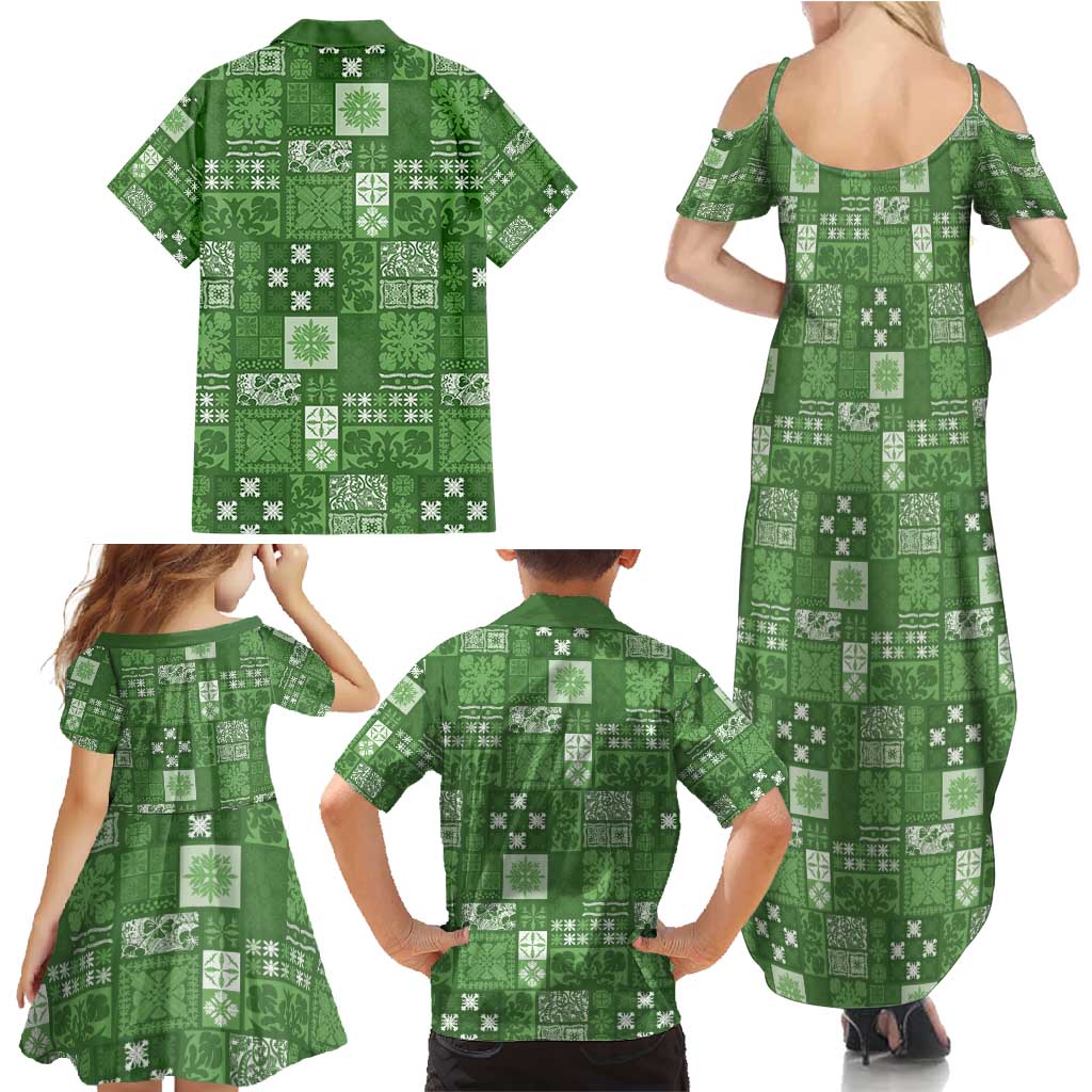 Vintage Hawaiian Quilting Patterns Family Matching Summer Maxi Dress and Hawaiian Shirt Green Style Tribal Fabric Patchwork - Polynesian Pride