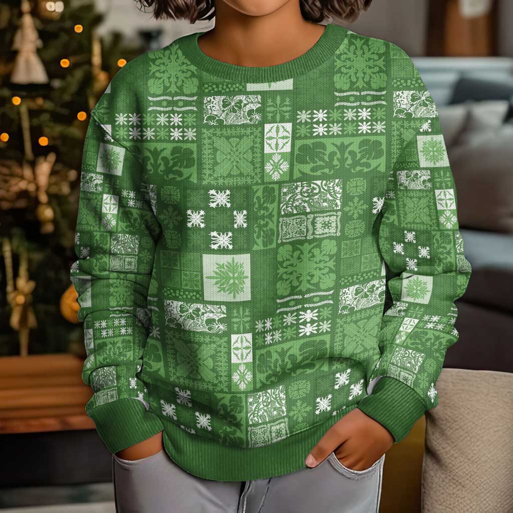Vintage Hawaiian Quilting Patterns Kid Ugly Christmas Sweater Green Style Tribal Fabric Patchwork - Polynesian Pride