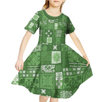 Vintage Hawaiian Quilting Patterns Kid Short Sleeve Dress Green Style Tribal Fabric Patchwork - Polynesian Pride