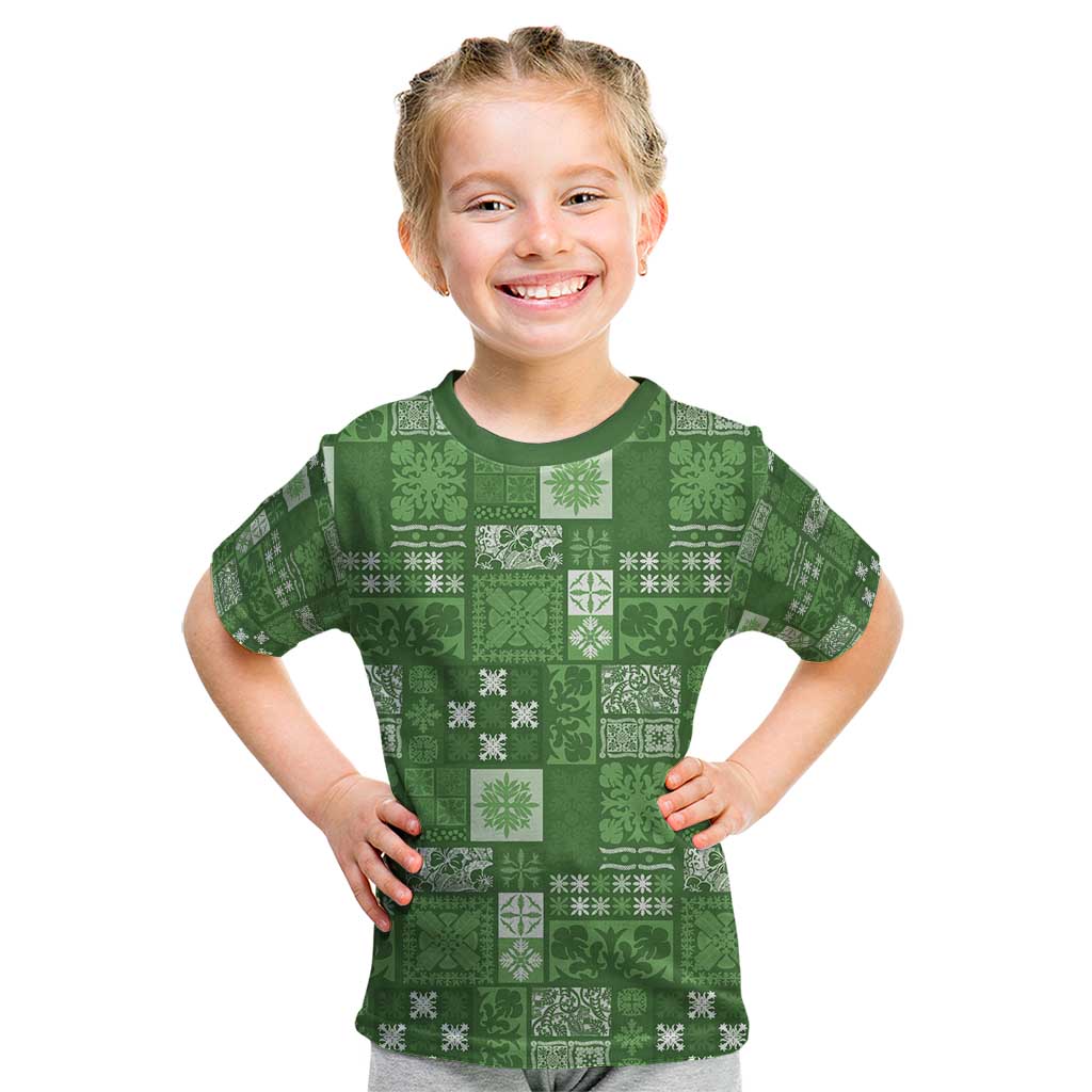 Vintage Hawaiian Quilting Patterns Kid T Shirt Green Style Tribal Fabric Patchwork - Polynesian Pride