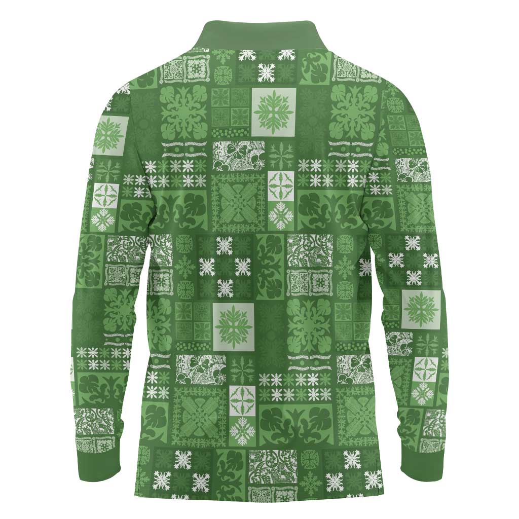 Vintage Hawaiian Quilting Patterns Long Sleeve Polo Shirt Green Style Tribal Fabric Patchwork - Polynesian Pride