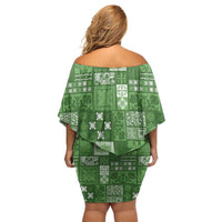 Vintage Hawaiian Quilting Patterns Off Shoulder Short Dress Green Style Tribal Fabric Patchwork - Polynesian Pride