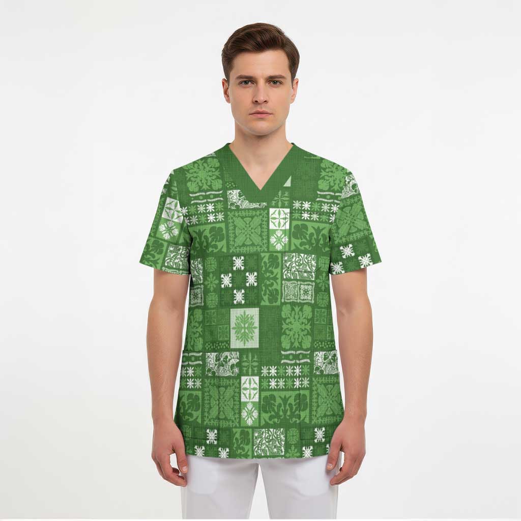 Vintage Hawaiian Quilting Patterns Scrub Top Green Style Tribal Fabric Patchwork - Polynesian Pride