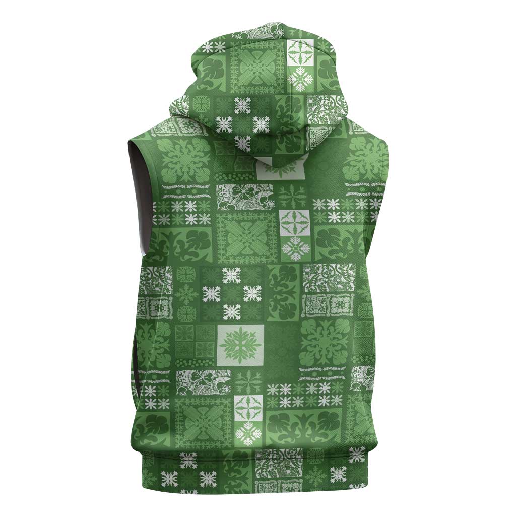 Vintage Hawaiian Quilting Patterns Sleeveless Hoodie Green Style Tribal Fabric Patchwork - Polynesian Pride