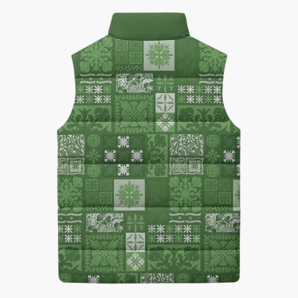 Vintage Hawaiian Quilting Patterns Sleeveless Puffer Jacket Green Style Tribal Fabric Patchwork - Polynesian Pride