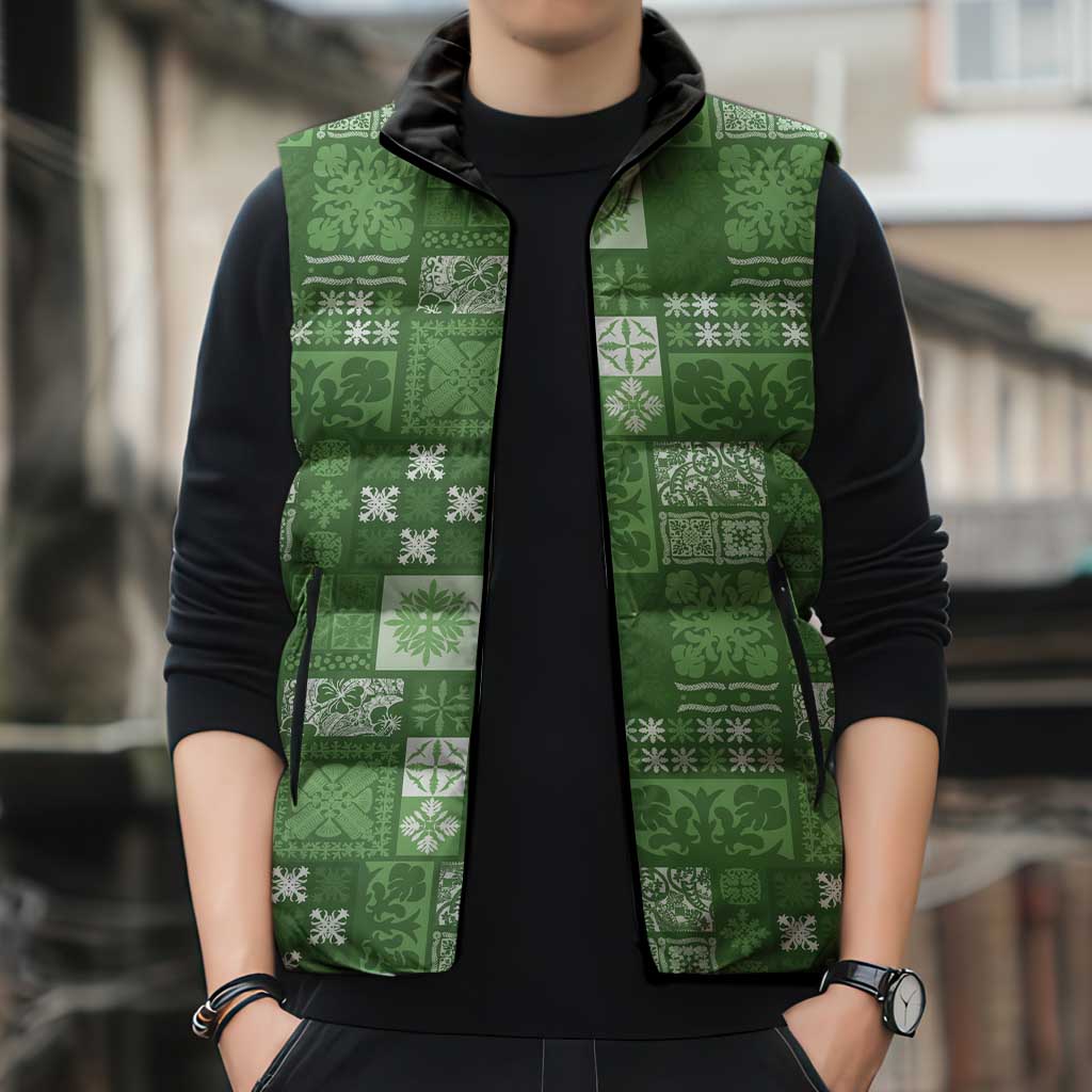 Vintage Hawaiian Quilting Patterns Sleeveless Puffer Jacket Green Style Tribal Fabric Patchwork - Polynesian Pride