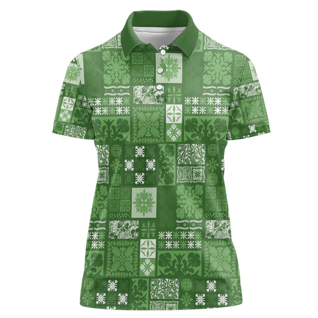 Vintage Hawaiian Quilting Patterns Women Polo Shirt Green Style Tribal Fabric Patchwork - Polynesian Pride