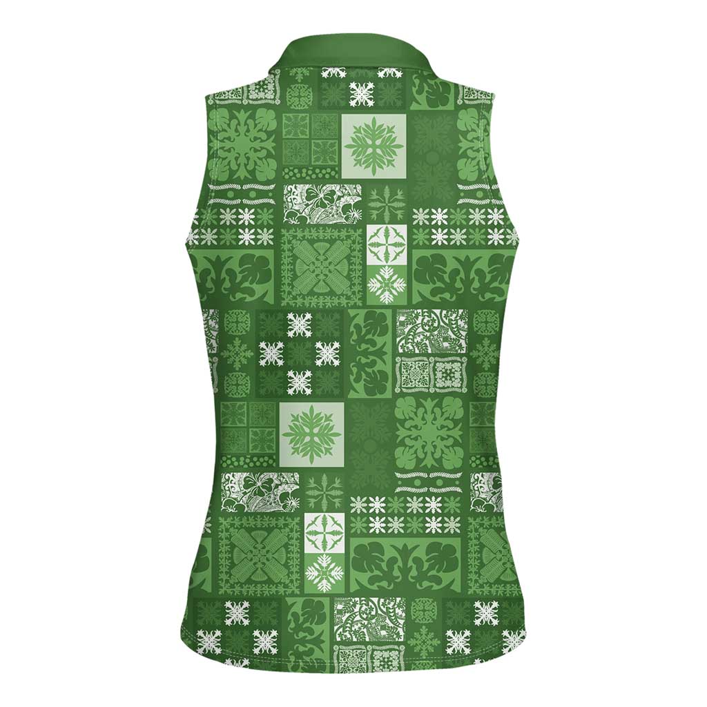 Vintage Hawaiian Quilting Patterns Women Sleeveless Polo Shirt Green Style Tribal Fabric Patchwork - Polynesian Pride