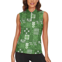 Vintage Hawaiian Quilting Patterns Women Sleeveless Polo Shirt Green Style Tribal Fabric Patchwork - Polynesian Pride