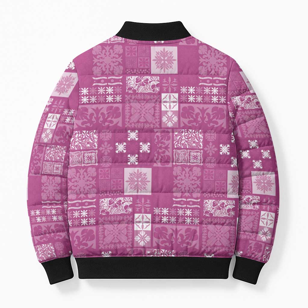 Vintage Hawaiian Quilting Patterns Bomber Puffer Jacket Pink Style Tribal Fabric Patchwork - Polynesian Pride