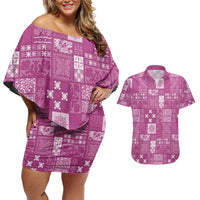 Vintage Hawaiian Quilting Patterns Couples Matching Off Shoulder Short Dress and Hawaiian Shirt Pink Style Tribal Fabric Patchwork - Polynesian Pride