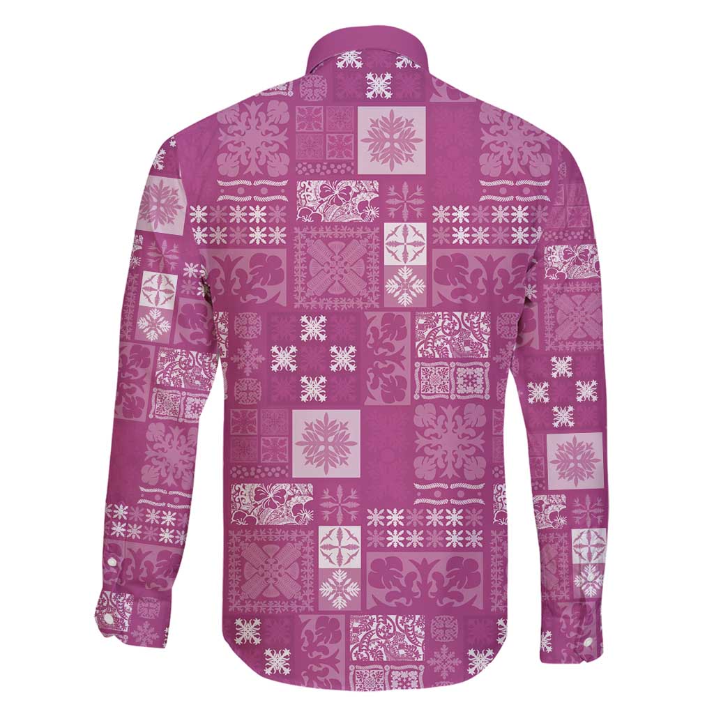 Vintage Hawaiian Quilting Patterns Family Matching Long Sleeve Bodycon Dress and Hawaiian Shirt Pink Style Tribal Fabric Patchwork - Polynesian Pride