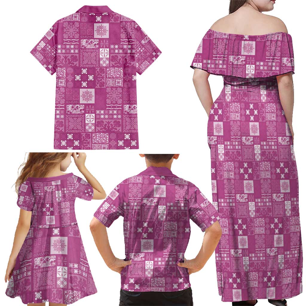 Vintage Hawaiian Quilting Patterns Family Matching Off Shoulder Maxi Dress and Hawaiian Shirt Pink Style Tribal Fabric Patchwork - Polynesian Pride