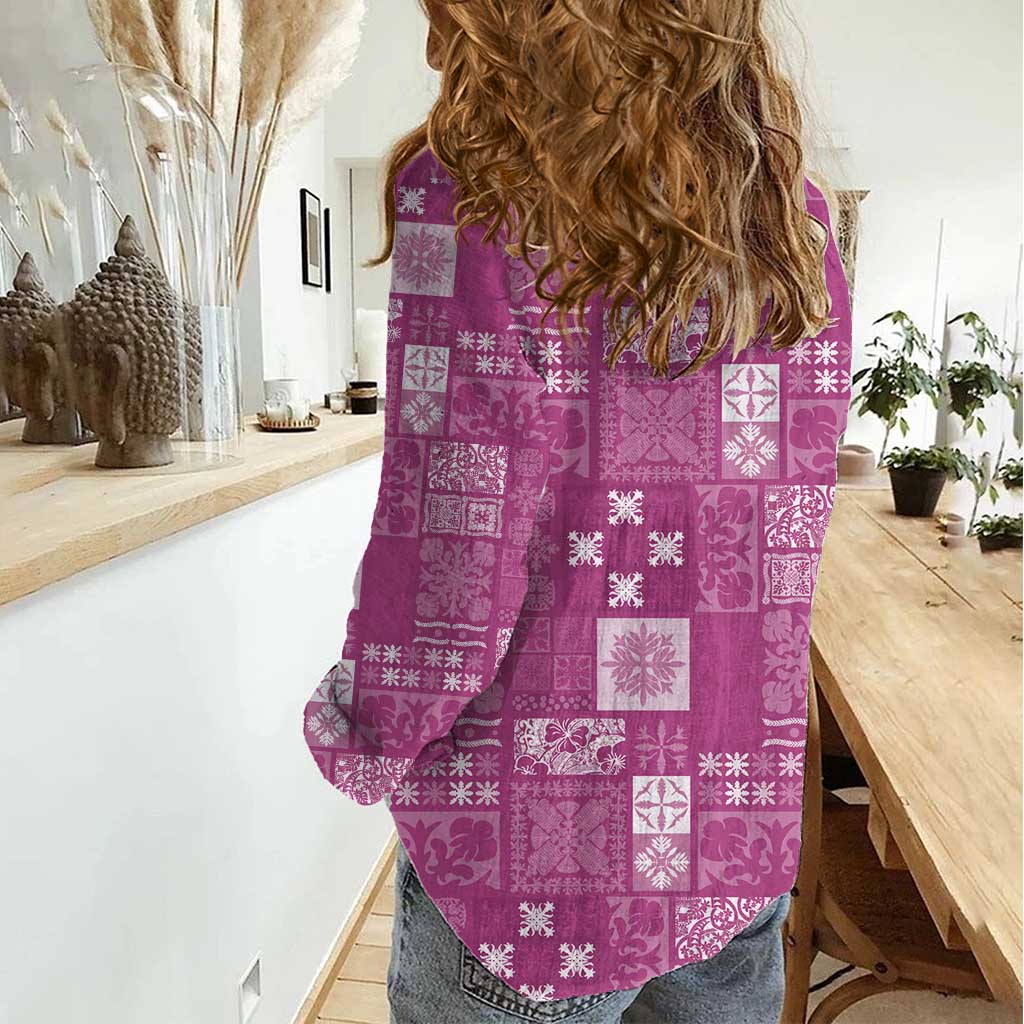 Vintage Hawaiian Quilting Patterns Women Casual Shirt Pink Style Tribal Fabric Patchwork - Polynesian Pride