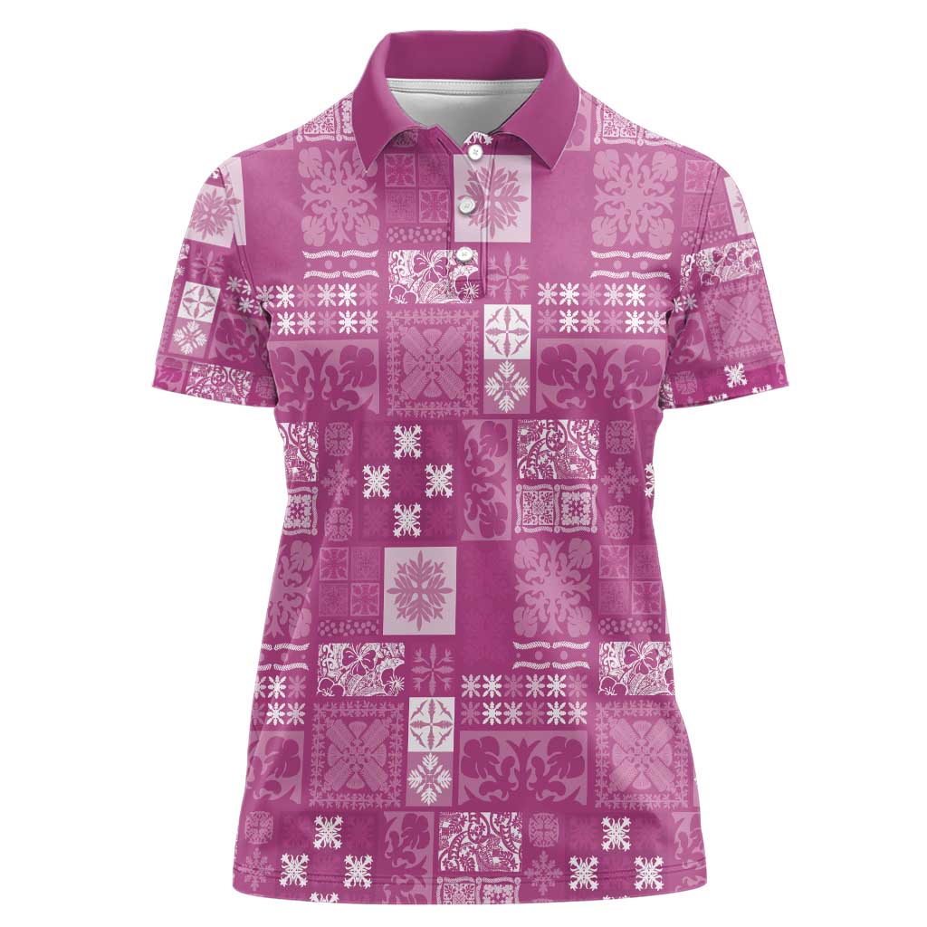 Vintage Hawaiian Quilting Patterns Women Polo Shirt Pink Style Tribal Fabric Patchwork - Polynesian Pride