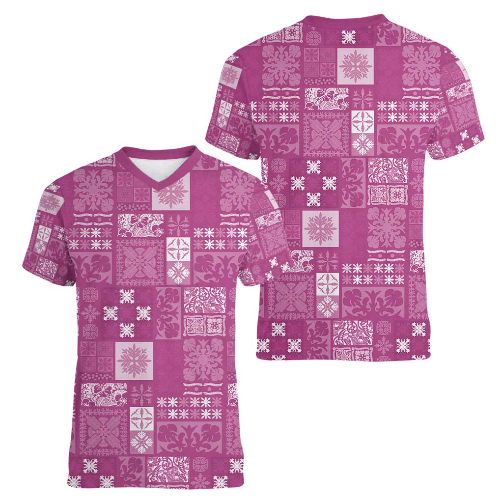 Vintage Hawaiian Quilting Patterns Women V-Neck T-Shirt Pink Style Tribal Fabric Patchwork - Polynesian Pride