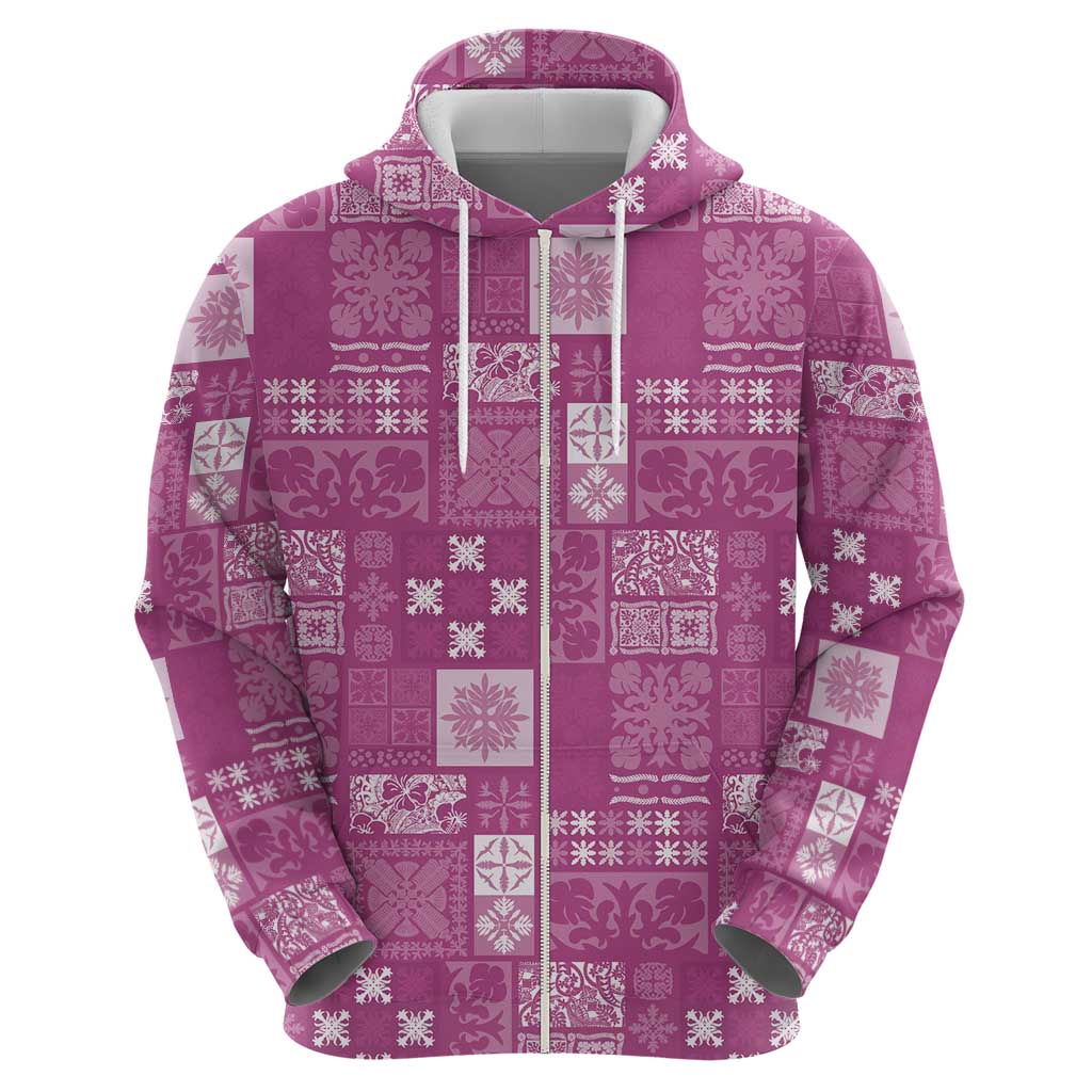 Vintage Hawaiian Quilting Patterns Zip Hoodie Pink Style Tribal Fabric Patchwork - Polynesian Pride
