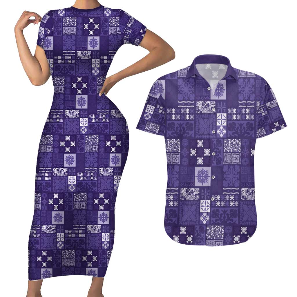 Vintage Hawaiian Quilting Patterns Couples Matching Short Sleeve Bodycon Dress and Hawaiian Shirt Purple Style Tribal Fabric Patchwork - Polynesian Pride